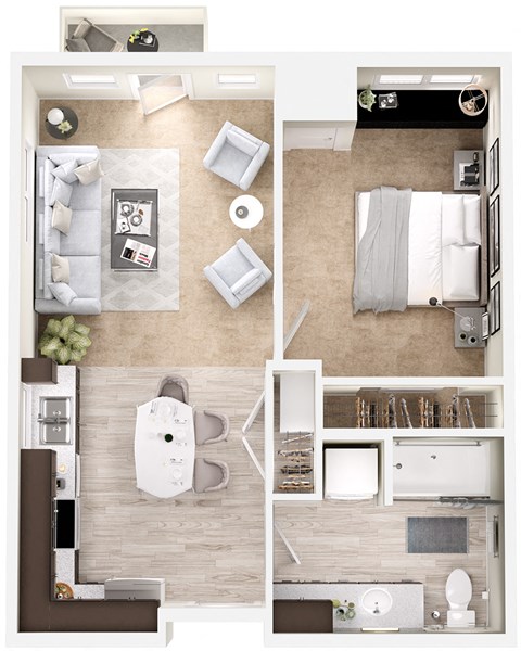 Floor plan for 1 bed, 1 bath, 600 sqft